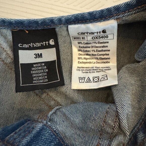Carhartt Baby Denim Short Overalls Size 3 Months Classic Blue Jean Romper Logo - Picture 2 of 9